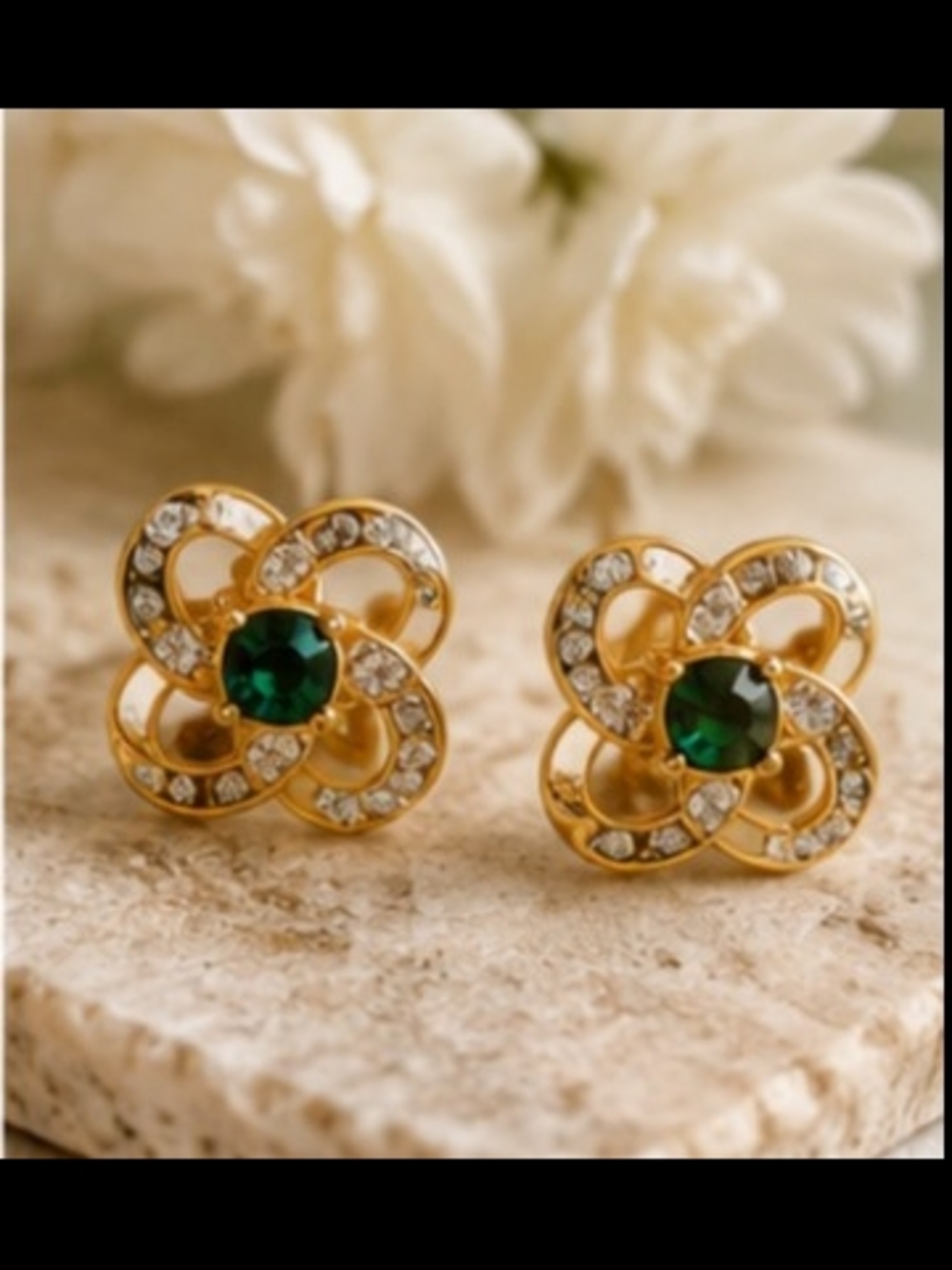 Gold Floral Emerald Crystal Stud Earrings